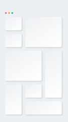 Modern neumorphic UI design kit. Soft UI blocks, UI widgets, mobile app UI cards, minimal UX template components. 