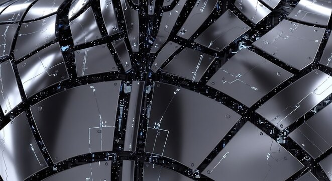Chrome plates form a spherical futuristic object with circuit details and bolts