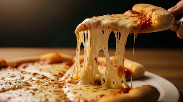 A slice of cheesy pizza being lifted, showcasing the stringy melted cheese