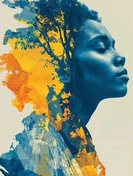 double exposure portrait of a woman with eyes closed blending with abstract trees and textures in blue and yellow tones, symbolizing growth and transformation.