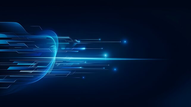 The abstract blue background features glowing lines and curves, representing digital technology and electric energy design