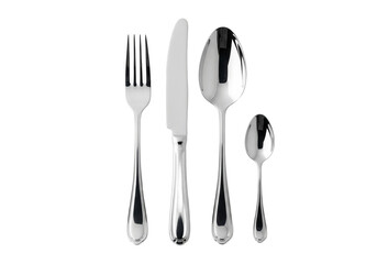 Elegant polished silverware set including fork knife and two spoons isolated on transparent background