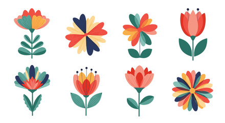 Fototapeta premium Collection of vibrant, stylized floral illustrations on a white background.