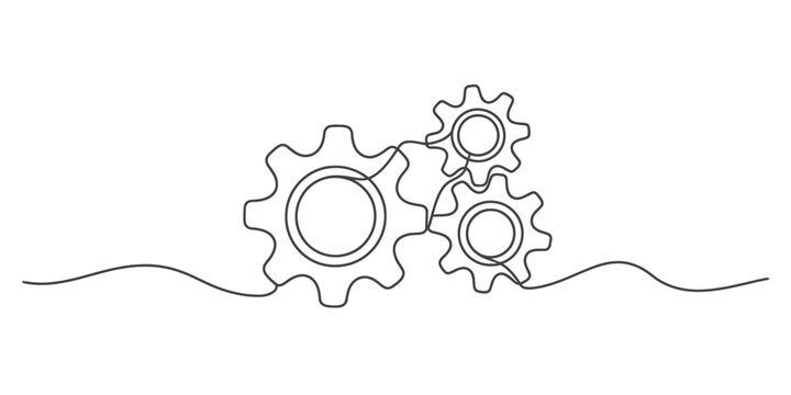 Continuous one line drawing of interlocking gears showing mechanical synergy and connectivity vector