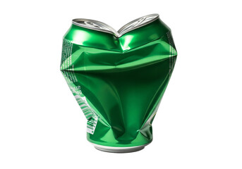 Crushed green aluminum soda can with a heart shape formed by its top isolated on transparent background