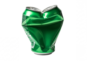 Crushed green aluminum soda can with a heart shape formed by its top isolated on transparent background