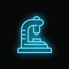 Blue neon icon of a microscope glowing on a black background