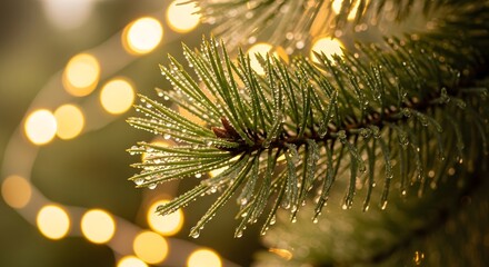 Close up of a pine tree branch with dew drops and blurred warm bokeh christmas lights in the background