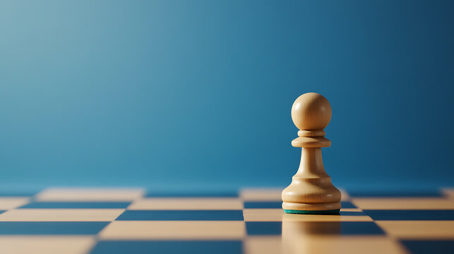 A lone pawn stands on a chessboard, bathed in soft light against a cool blue backdrop. Symbolic of strategy, beginnings, and individual potential to transform.