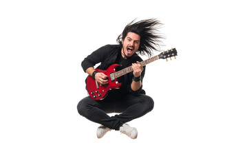 Energetic young man with long dark hair playing a red electric guitar while jumping isolated on transparent background