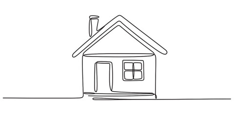 Minimalist continuous line drawing of a small cozy house with a chimney and window vector