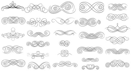 A diverse collection of distressed hand-drawn ornamental flourishes and calligraphic swirl dividers for graphic design elements.
