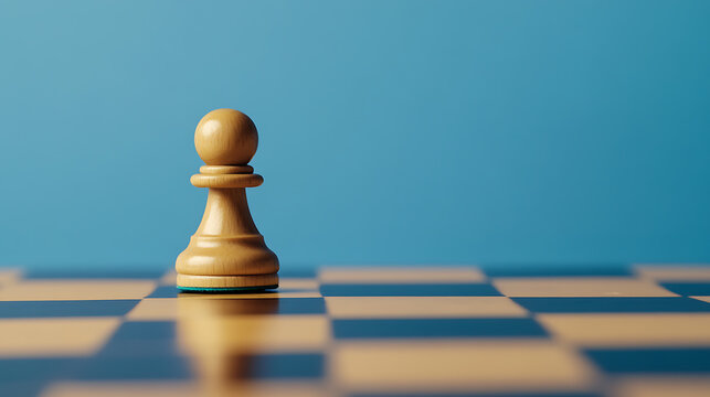 Ivory pawn chess piece on a reflective checkered board with a light blue background. A game of strategy and tactics. Decision making process and planning ahead for success.