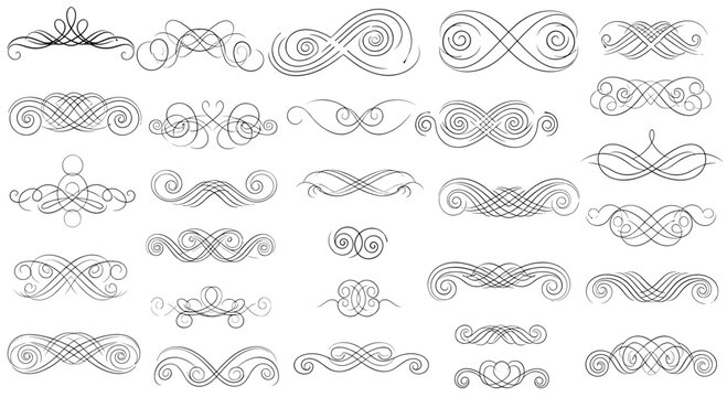 A diverse collection of distressed hand-drawn ornamental flourishes and calligraphic swirl dividers for graphic design elements.