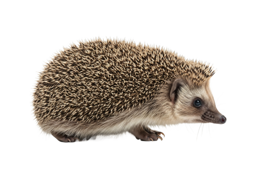 Close up side profile of a small european hedgehog curled up on a transparent background isolated on transparent background
