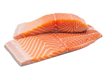 Two fresh raw salmon fillets with visible skin and flesh texture isolated on transparent background