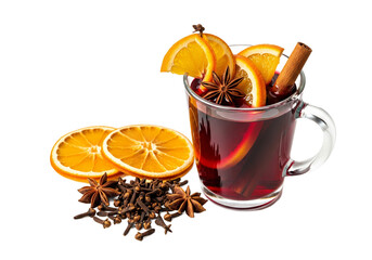 Festive mulled wine in a clear glass mug with orange slices cinnamon and star anise isolated on transparent background