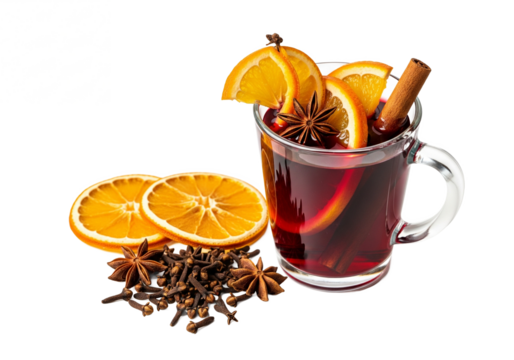 Festive mulled wine in a clear glass mug with orange slices cinnamon and star anise isolated on transparent background