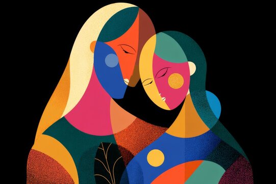 Modern abstract female figures embracing each other