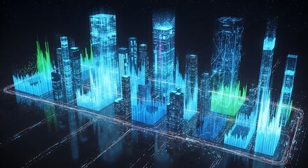 Abstract Digital City Data Visualization with Glowing Skyscrapers and Financial Charts Representing Smart Urban Infrastructure and Big Data Analysis