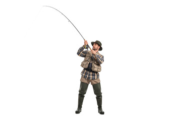 Young person in fishing gear casting a rod with a long flexible pole isolated on transparent background