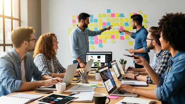 Diverse Startup Team Collaborating on Project Using Sticky Notes and Laptops in Bright Modern Office