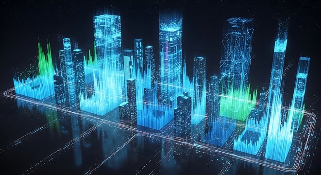 Abstract Digital City Data Visualization with Glowing Skyscrapers and Financial Charts Representing Smart Urban Infrastructure and Big Data Analysis
