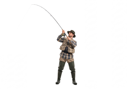 Young person in fishing gear casting a rod with a long flexible pole isolated on transparent background