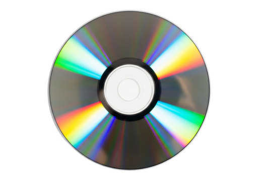 Shiny compact disc with rainbow refraction patterns isolated on transparent background