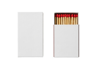 Two white matchboxes one closed and one open showing red tipped matches isolated on transparent background