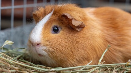 Orange and white guinea pig in hay