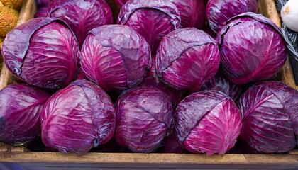 Obraz premium Top View Of Bunch Of Red Cabbage On The Market