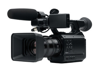 Professional digital video camera with microphone and lens isolated on transparent background