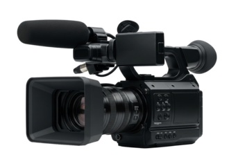 Professional digital video camera with microphone and lens isolated on transparent background