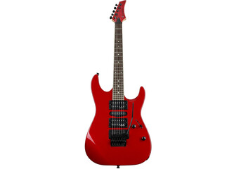 Bright red electric guitar with black accents and intricate neck inlay isolated on transparent background