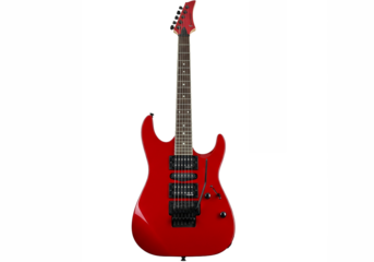 Bright red electric guitar with black accents and intricate neck inlay isolated on transparent background