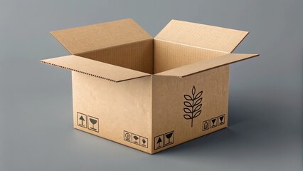 Open kraft cardboard box with eco leaf and shipping icons on gray background, representing sustainable packaging and delivery concept.