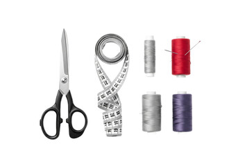Collection of sewing tools including scissors tape measure and thread spools isolated on transparent background