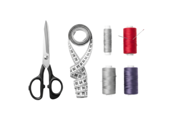 Collection of sewing tools including scissors tape measure and thread spools isolated on transparent background