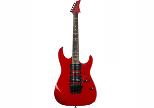 Bright red electric guitar with black accents and intricate neck inlay isolated on transparent background - Powered by Adobe