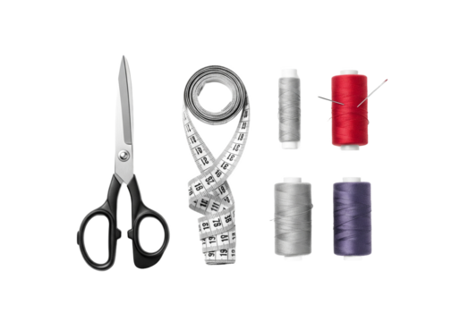 Collection of sewing tools including scissors tape measure and thread spools isolated on transparent background