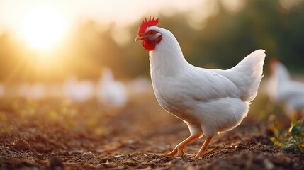 Fototapeta premium White chicken walking gracefully on a farm field during sunset, surrounded by soft sunlight and blurred silhouettes of other chickens in the background, showcasing rural life