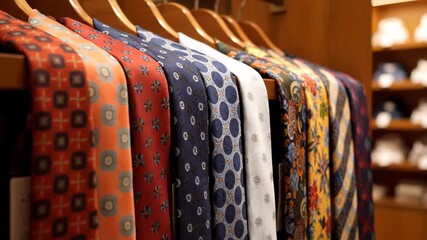 Multiple vibrant silk neckties with various patterns are displayed on stylish wooden hangers. This high end men's accessory assortment can be found in an upscale fashion boutique