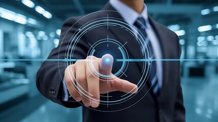 Business Professional Interacting with Futuristic Digital Target Interface.