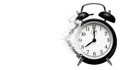 Vintage alarm clock dissolving into smoke and dust on a black background isolated on transparent background