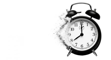Vintage alarm clock dissolving into smoke and dust on a black background isolated on transparent background