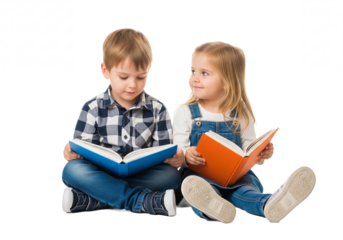 Two young children a boy and a girl sitting and reading books together isolated on transparent background