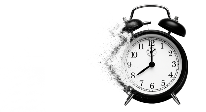 Vintage alarm clock dissolving into smoke and dust on a black background isolated on transparent background