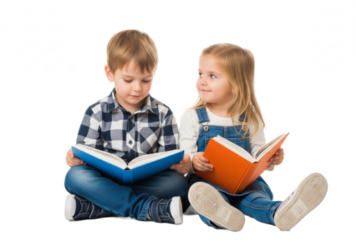 Two young children a boy and a girl sitting and reading books together isolated on transparent background