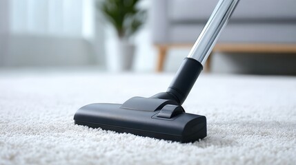 Vacuum cleaner nozzle on soft carpet, demonstrating effective cleaning process in a bright living room with modern furniture and a touch of greenery for a fresh atmosphere